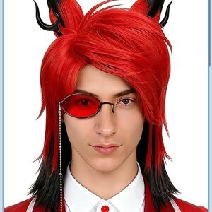 Costume wig red and black - included wig, ears and horns
